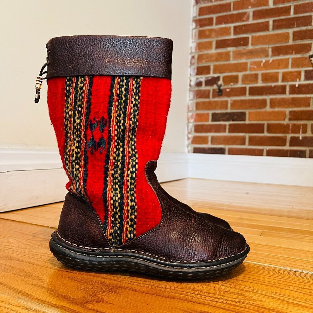 Born Tizoc Indian Blanket Wool Brown Leather Size 9.5 Mid Calf Fashion Boots - Picture 1 of 16
